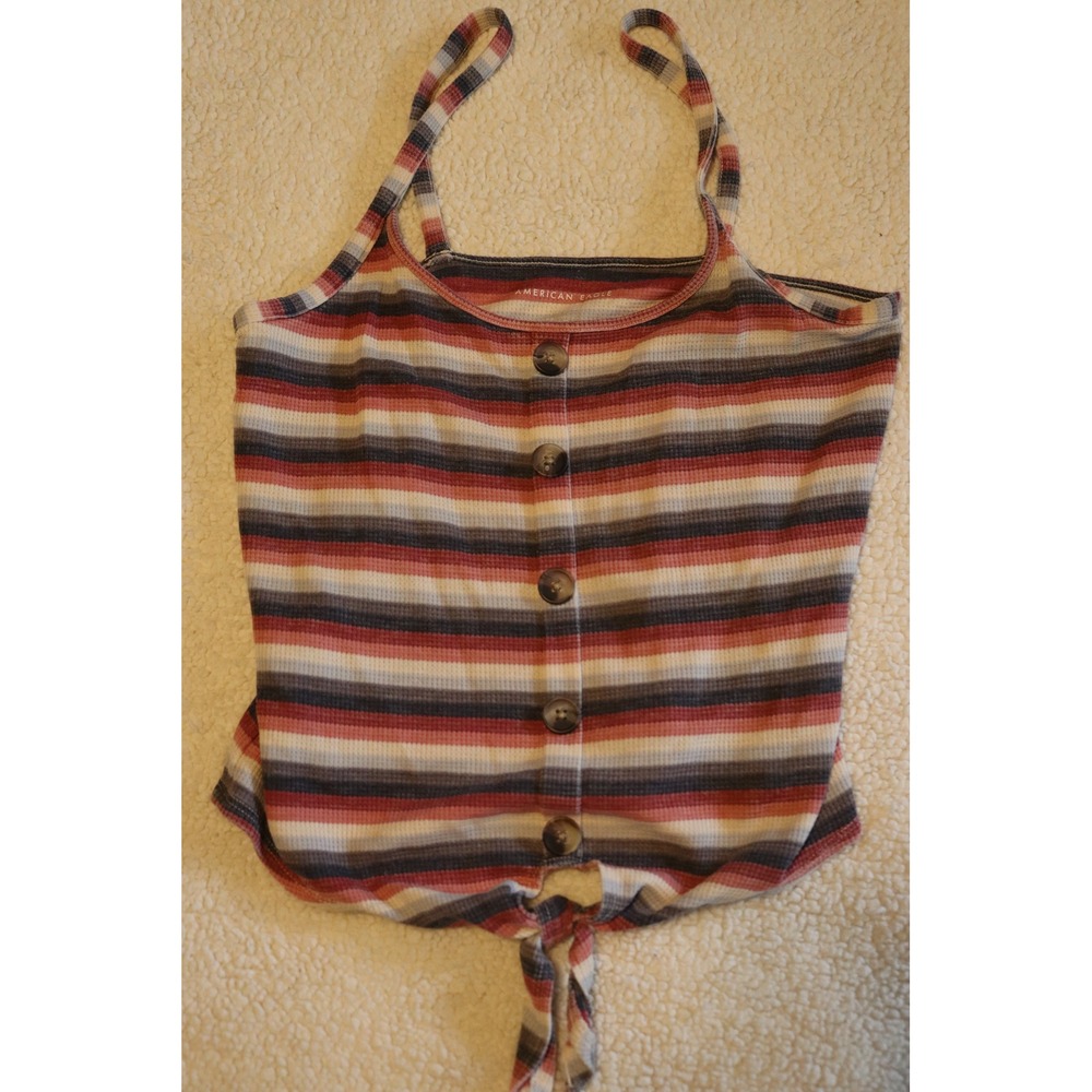 American Eagle Striped Halter Tank Top Ribbed Waffle Knit Button Tie Front Small